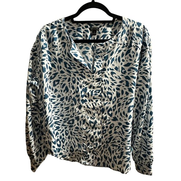 Ann Taylor size M blue print split v neck long sleeve blouse - Picture 1 of 6
